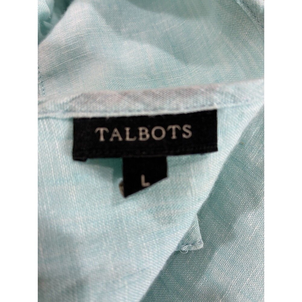 Talbots Linen Shirt Blouse Roll Tab Sleeve Button Up Pockets Aqua Collarless L - Picture 7 of 8